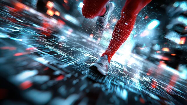 Runner with holographic heart rate overlay, neon-lit background, cyberpunk style, intense colors, high detail.