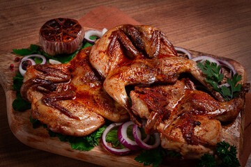 fried, quail meat, tobacco (tapaka), with spices, homemade, no people,