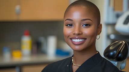 Confident woman smiling in bright, airy dentist chair minimalist scene exuding confidence
