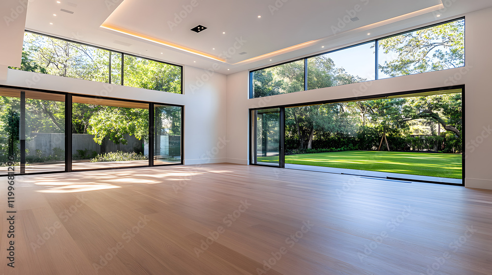 Poster spacious modern interior with large windows and a view of the garden
