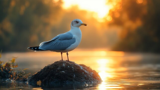 Serene sunrise scene featuring a seagull perched on a rock in calm water.