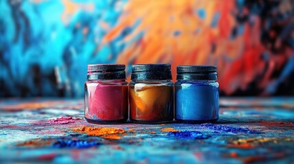 Three paint jars with different colors on the table, with blurred background of abstract art in vibrant blue and orange tones.