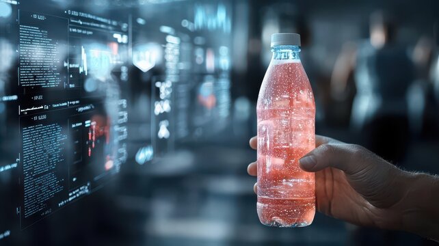 Hand holding sports drink with glowing liquid, surrounded by holographic AI fitness data, dark tech background, photo-realistic.
