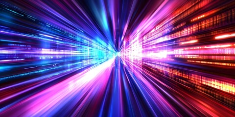 Naklejka premium A vibrant, abstract representation of light beams and colors, suggesting movement through a digital or futuristic environment. Concept Abstract Light Beams, Vibrant Colors, Futuristic Environment