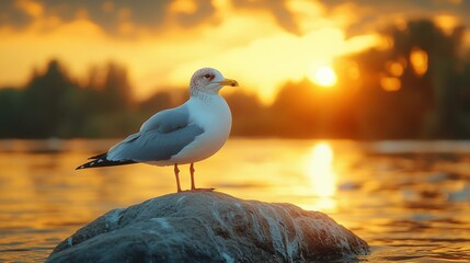 Seagull Sunset Serenity: A solitary seagull stands majestically on a rock, silhouetted against a breathtaking sunset over calm water. The golden hues paint a serene and peaceful scene. 