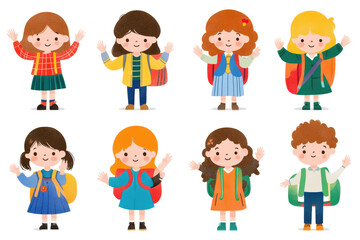 Back to School Cheer: A cheerful set of eight diverse cartoon children, each with unique outfits and backpacks, excitedly wave hello to the new school year.