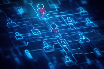 Obraz premium Business workflow process management concept. Digital transformation, Workflow automation system with data diagram of the hierarchical structure of departments in business organization 