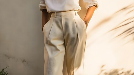 Beige pants with pockets in a minimalist setting
