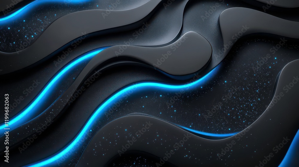 Poster a sleek, modern abstract design featuring undulating black surfaces accented with vibrant blue lines