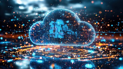 Digital Cloud Icon Surrounded by Data Particles Virtual Space Graphic Illustration Futuristic Aesthetic Design