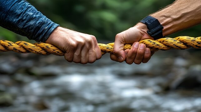 Two hands gripping a thick rope, a yellow section intertwined. Close-up, tension, teamwork, strength