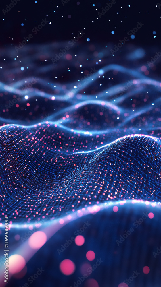 Aufkleber Digital network visualization displaying data flow, glowing particles forming interconnected waves against futuristic abstract background