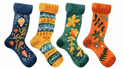 Four Woolen Socks with Unique Ornaments on White Background