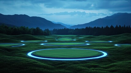 High-tech golf course with digital overlays on grass, showing swing and trajectory analysis, futuristic, photo-realistic. , closes up
