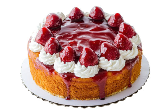 Delicious strawberry cake topped with whipped cream and glossy red glaze perfect for celebrations isolated on transparent background