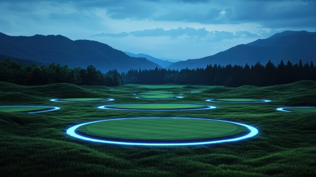 High-tech golf course with digital overlays on grass, showing swing and trajectory analysis, futuristic, photo-realistic. , closes up