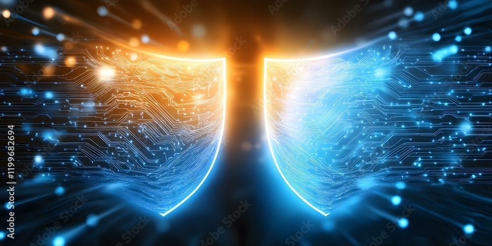 Poster a digital representation of two shields, one orange and one blue, symbolizing protection and cyberse