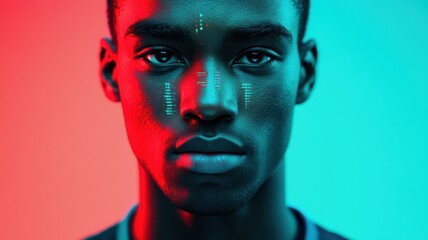 Close-up of sweat on athlete's face with glowing biometric data overlay, intense lighting, futuristic, vibrant. , closes up