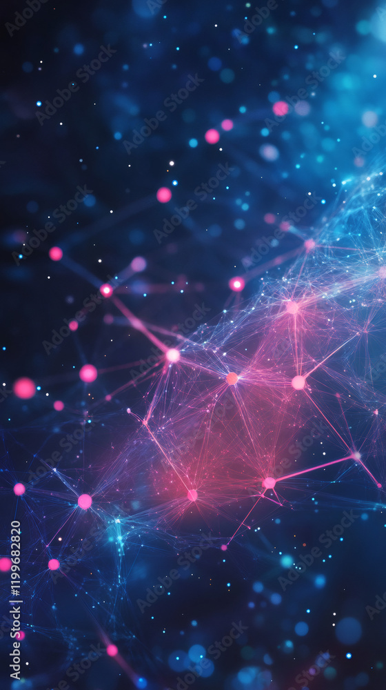 Aufkleber Glowing dots connected by lines create a futuristic plexus network on a dark background, representing technology and innovation