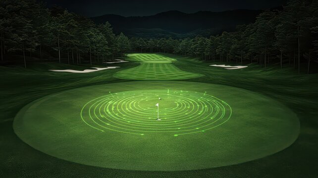 High-tech golf course with digital overlays on grass, showing swing and trajectory analysis, futuristic, photo-realistic. , closes up - Powered by Adobe