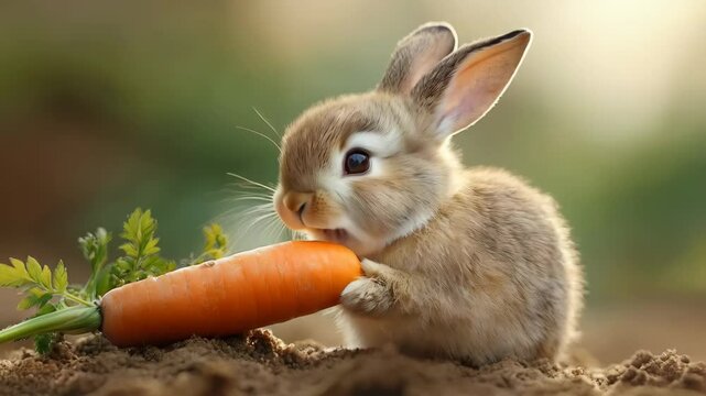 Little bunny eating orange carrot in garden. Cute rabbit eats vegetable in sunny day close up. Adorable animal feeding footage. Wildlife and nature motion video clip.