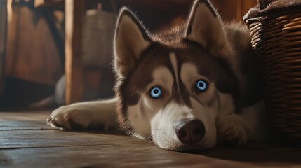 Obraz premium A blue-eyed husky lies on the floor, its head tilted slightly as it gazes upward with a curious and endearing expression.