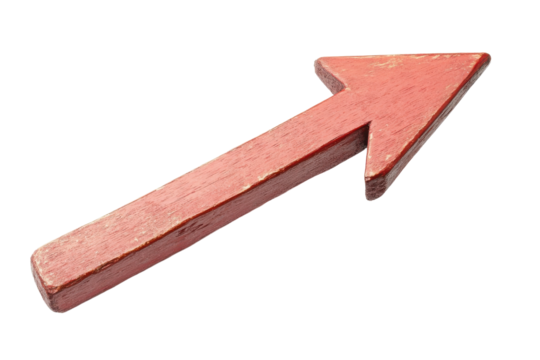 Red wooden arrow pointing upwards, indicating direction in constructive design work or decor isolated on transparent background