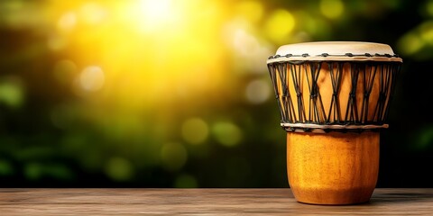 A traditional drum placed on a wooden surface with a soft, blurred background of green bokeh and warm sunlight. Concept Traditional Drum, Wooden Surface, Green Bokeh, Warm Sunlight