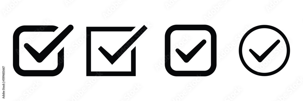 Poster check or tick icons. set of black check or tick icons for design. check symbol isolated.