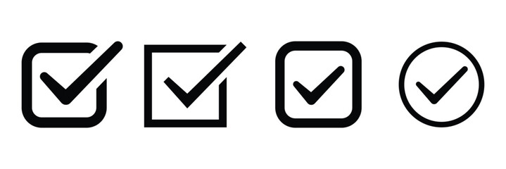 Check or tick icons. Set of black check or tick icons for design. Check symbol isolated.