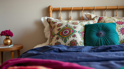 Bohemian Bedroom Decor: Teal and Floral Pillows on a Navy Blue Bed