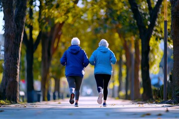Obraz premium Elderly Women Jogging Together on a Tree-Lined Pathway During a Vibrant Autumn Day