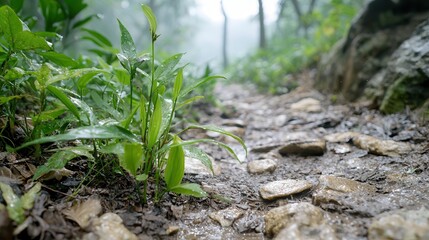 Muddy trails and scenic adventures. Lush greenery along a rocky, misty forest path.
