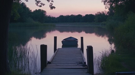 Obraz premium Serene Sunset Scene Featuring a Rowboat at a Dock