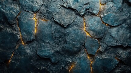 A textured rock surface with visible cracks, illuminated by subtle golden light, creating an intriguing contrast of colors and patterns.