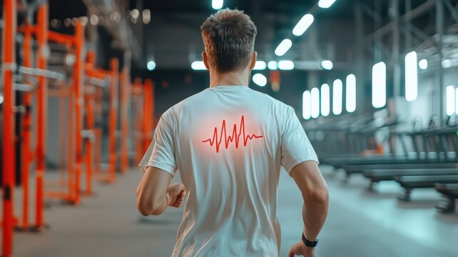 Runner with holographic heart rate overlay, neon-lit background, cyberpunk style, intense colors, high detail.