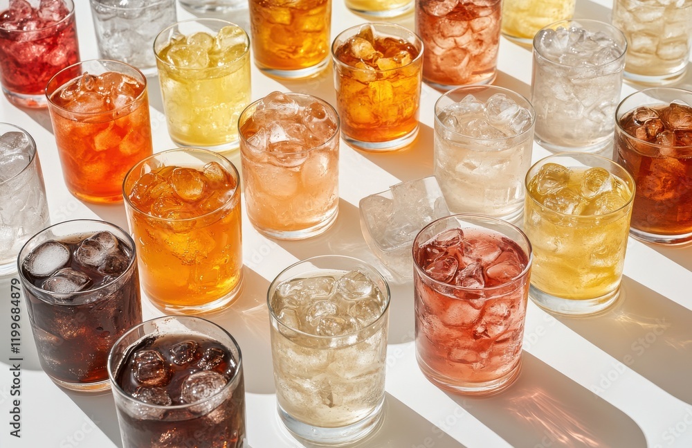 Poster diverse array of colorful beverages in glasses with ice cubes arranged on a bright surface, suitable