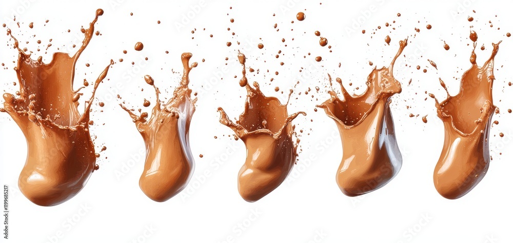 Poster dynamic sequence of chocolate brown liquid splashes captured in high resolution on white background 