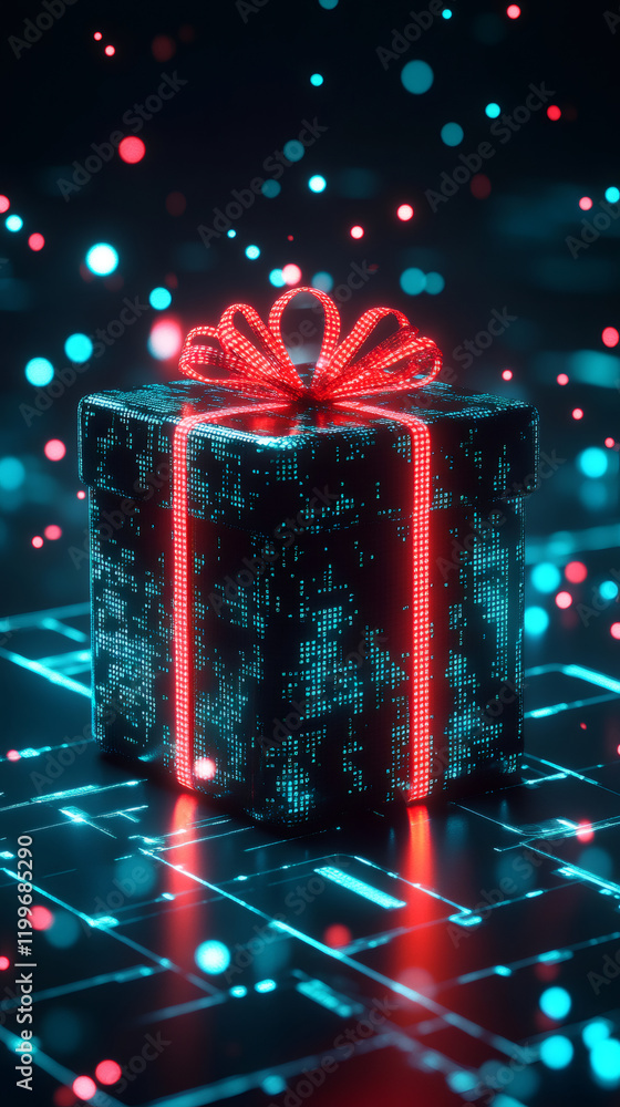 Poster glowing red ribbon wrapping technological gift box resting on electronic circuit surface