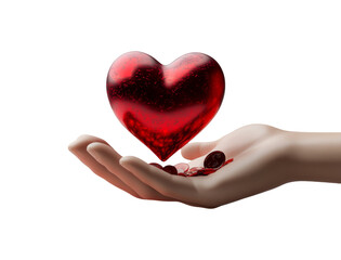 Fototapeta premium Heart in Hand with Coins Dropping on Transparent Background