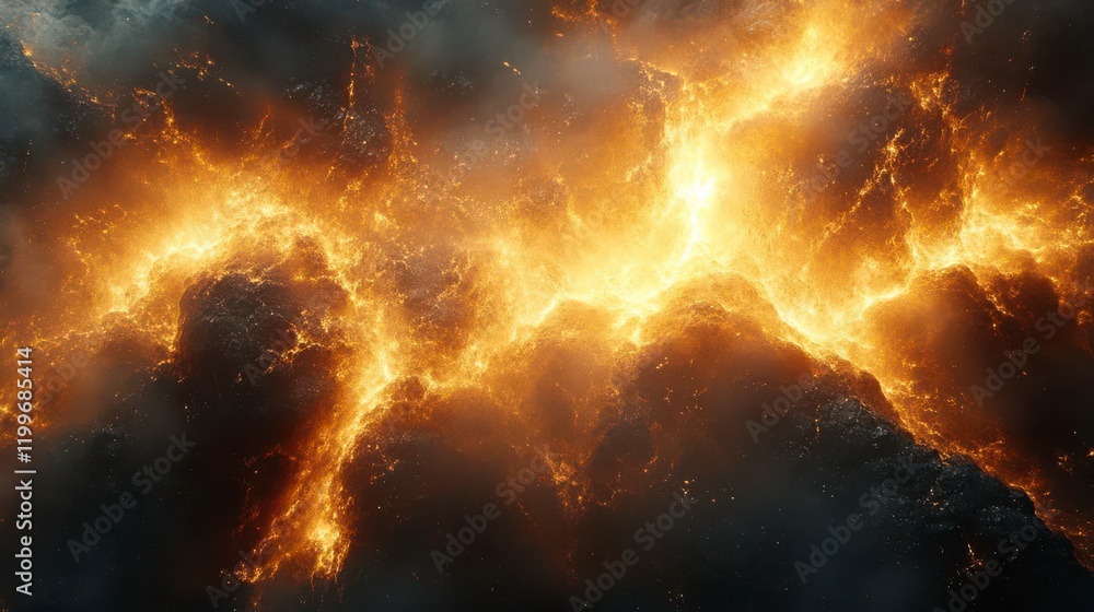 Poster a vibrant, fiery display of lightning-like patterns against a dark, cloudy background, conveying ene