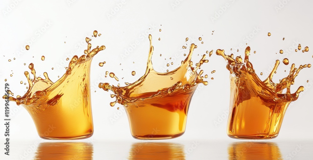 Poster dynamic splash of orange liquid from three glasses on a bright surface showcasing fluid motion and e