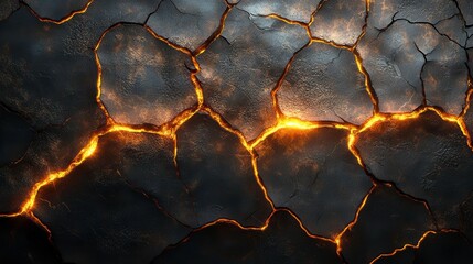 A dark, cracked surface illuminated by glowing orange fissures, resembling molten lava or volcanic activity.