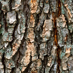 Natural textured seamless pattern of tree bark featuring varying shades and rugged surfaces with lichen patches in a forest environment
