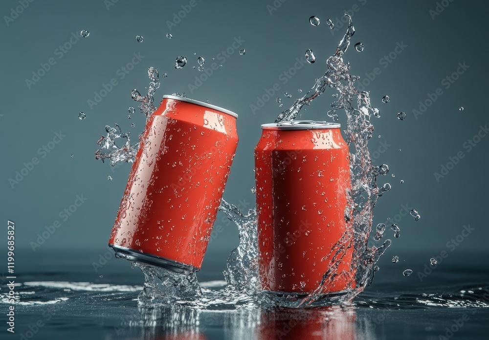 Poster dynamic splash of two red cans colliding in water, showcasing refreshing bubbles and crispness in a 