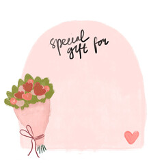 Pink Valentines gift present sticker label name tag with flower bouquet blank empty template heart love watercolor crayon sticky notes notepad png transparent clipart cutout