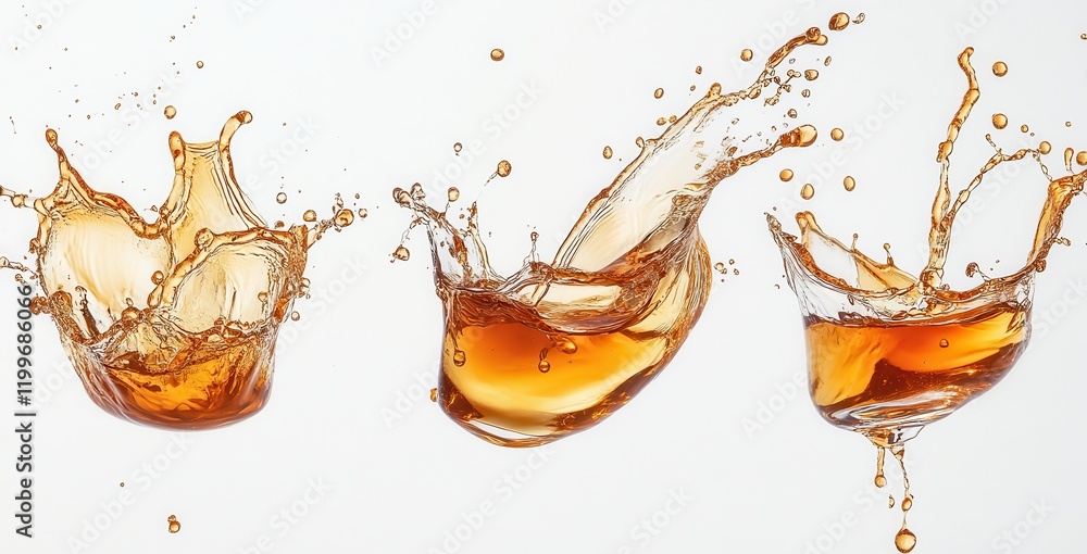 Poster dynamic splashes of liquid in different glasses capturing the moment of impact and movement with bea