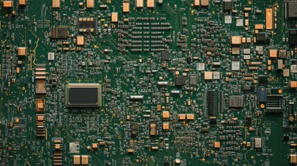 Close-up of a complex green circuit board with various electronic components.