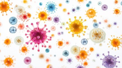 A surreal representation of viruses, floating in dreamlike compositions, isolated on white background