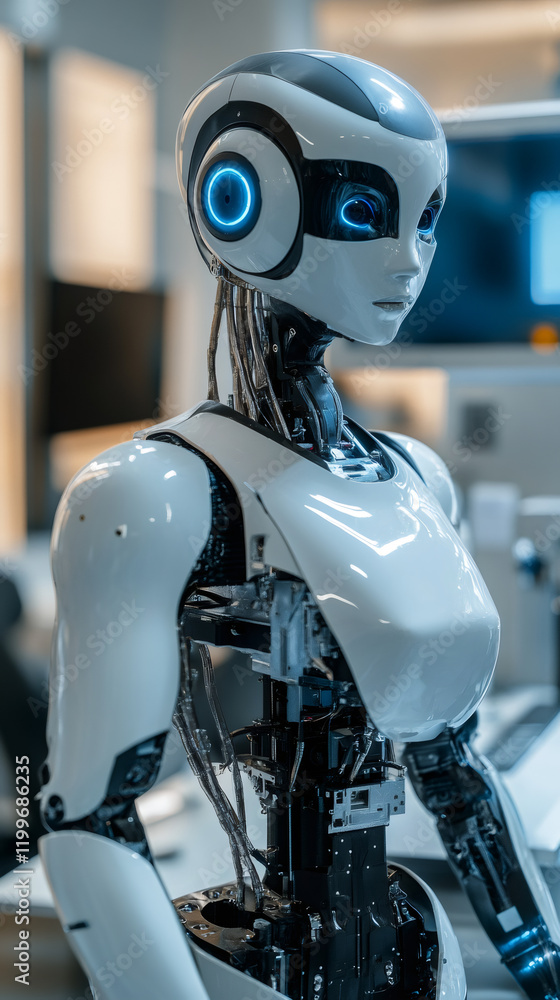 Aufkleber humanoid robot with luminescent blue eyes standing amid advanced laboratory equipment, representing 